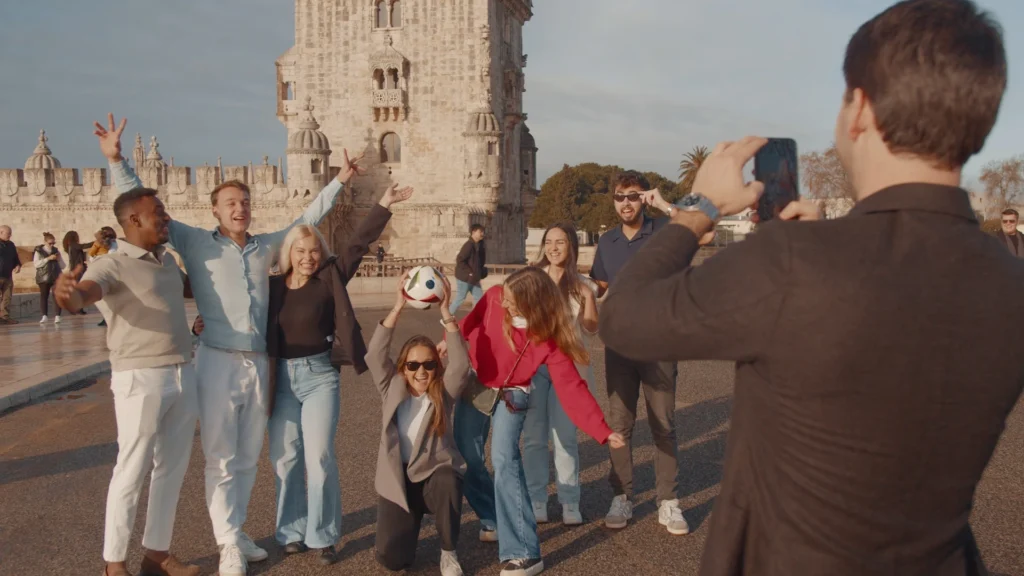 BSL Summer School students taking a selfie by the Belém Tower in Lisbon, Portugal.